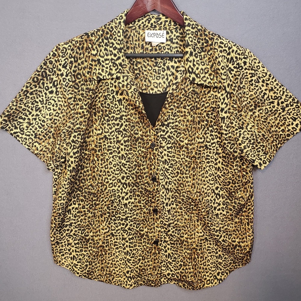 Vintage EXPOSE Cheetah Animal Print Blouse Built In Black Cami Size XL ** USA